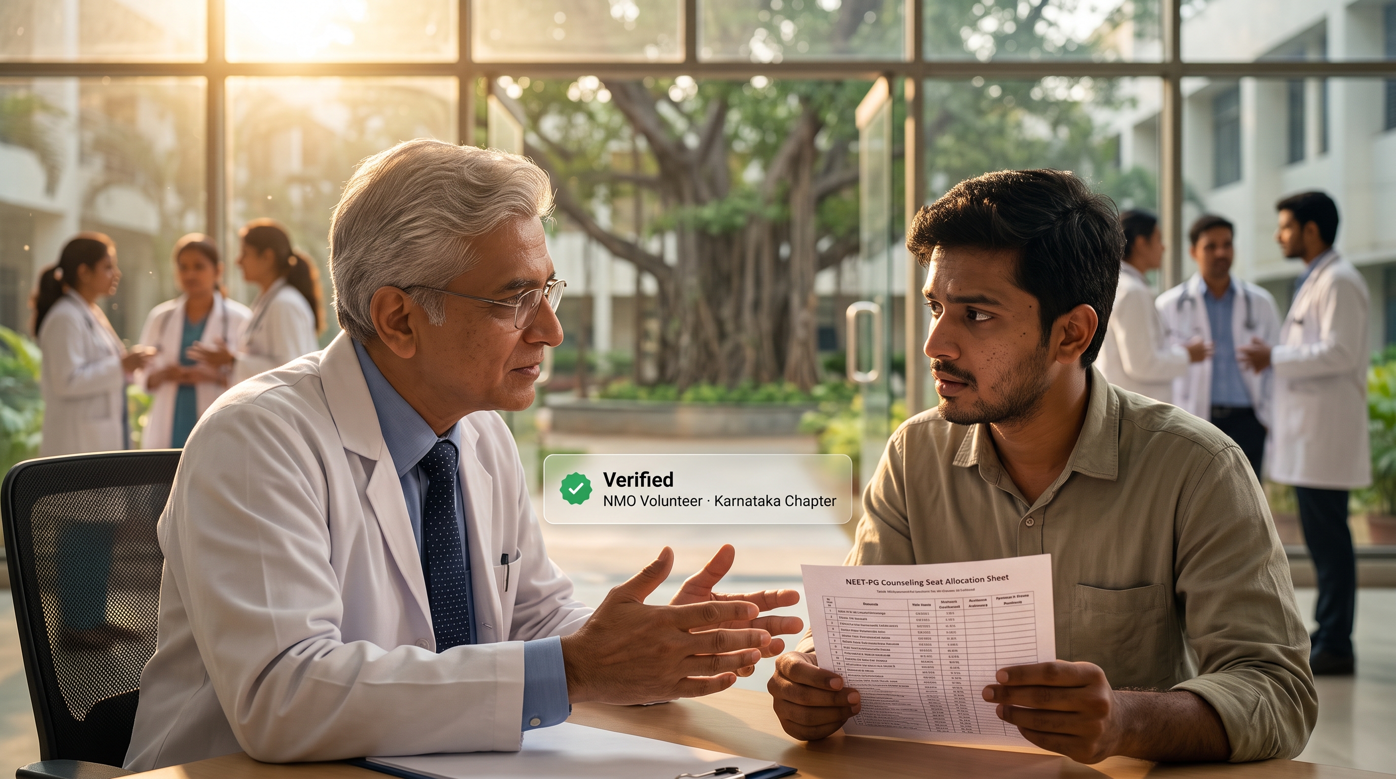 An NMO volunteer advising a postgraduate medical aspirant